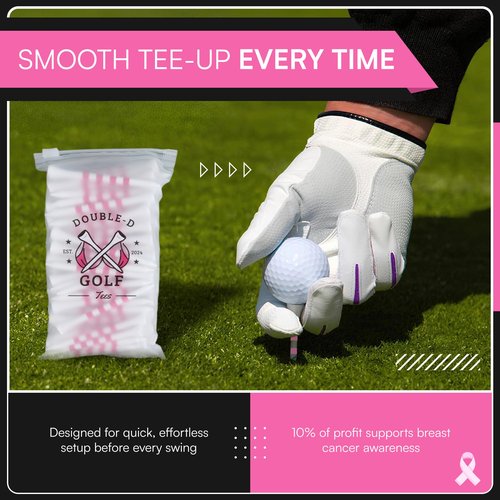 Double-D Golf Bamboo Golf Tees Supporting Breast Cancer Research | 10% Profit Donation | Two Size Options (2 3/4" & 3 1/4") | Striped Pink and White | Biodegradable & Eco-Friendly