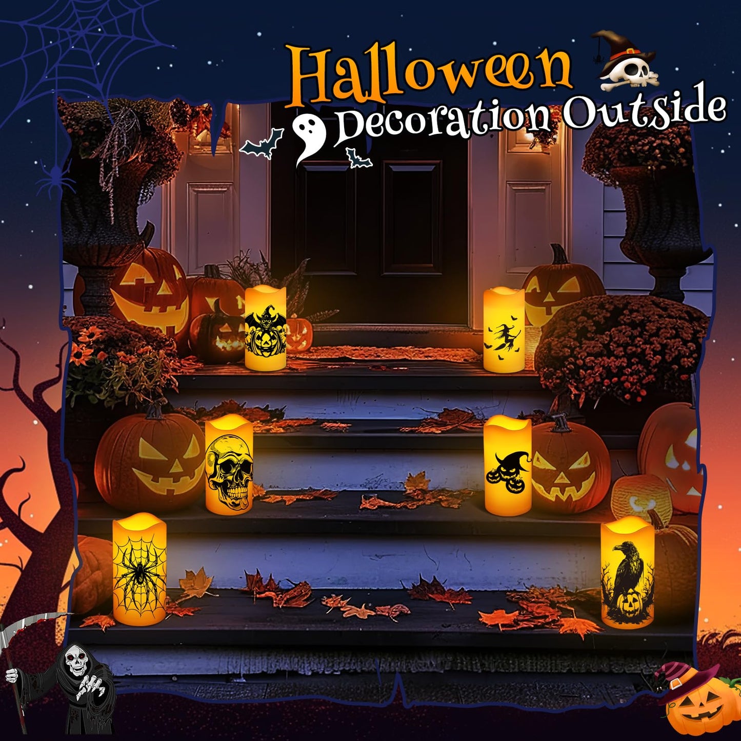 Halloween Decorations Indoor Flameless Candles Flickering Lights with Skull Spider Webs Crow Pumpkins Bats Witch, 6 Hrs Timer for Home Window Mantel 3 Pack