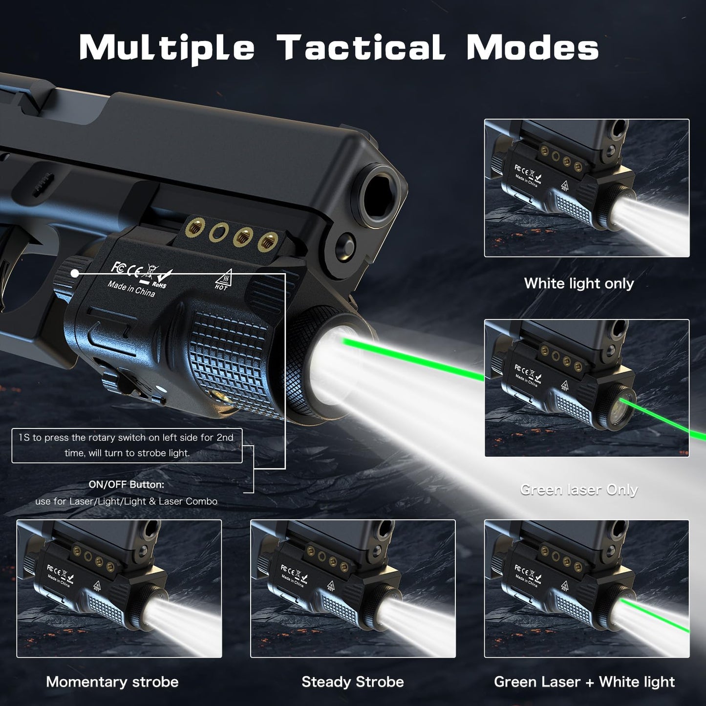 TacFlare Laser Light Combo - 800 Lumens Green Laser Beam Flashlight for Pistol Gun Picatinny 1913 Rail, Tactical Weapon Light Laser, USB C Rechargeable