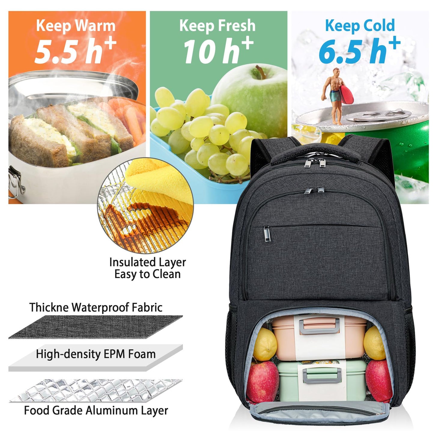 BIKROD Lunch Backpack, Insulated Cooler Lunch Bag Backpack, Large School Backpacks for Teen Boys Water Resistant Back Pack Gift for Men Fit 17 Inch Laptop,