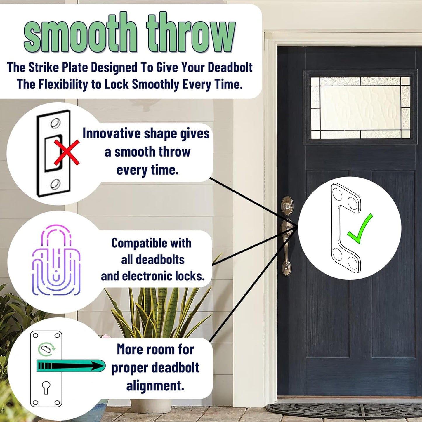 Oversized (1.125" x 2.75") Adjustable Strike Plate for Exterior Doors - Larger Horizontal & Vertical Hole for Deadbolts & Electronic Locks - Home & Rental Security - Property Managers Favorite