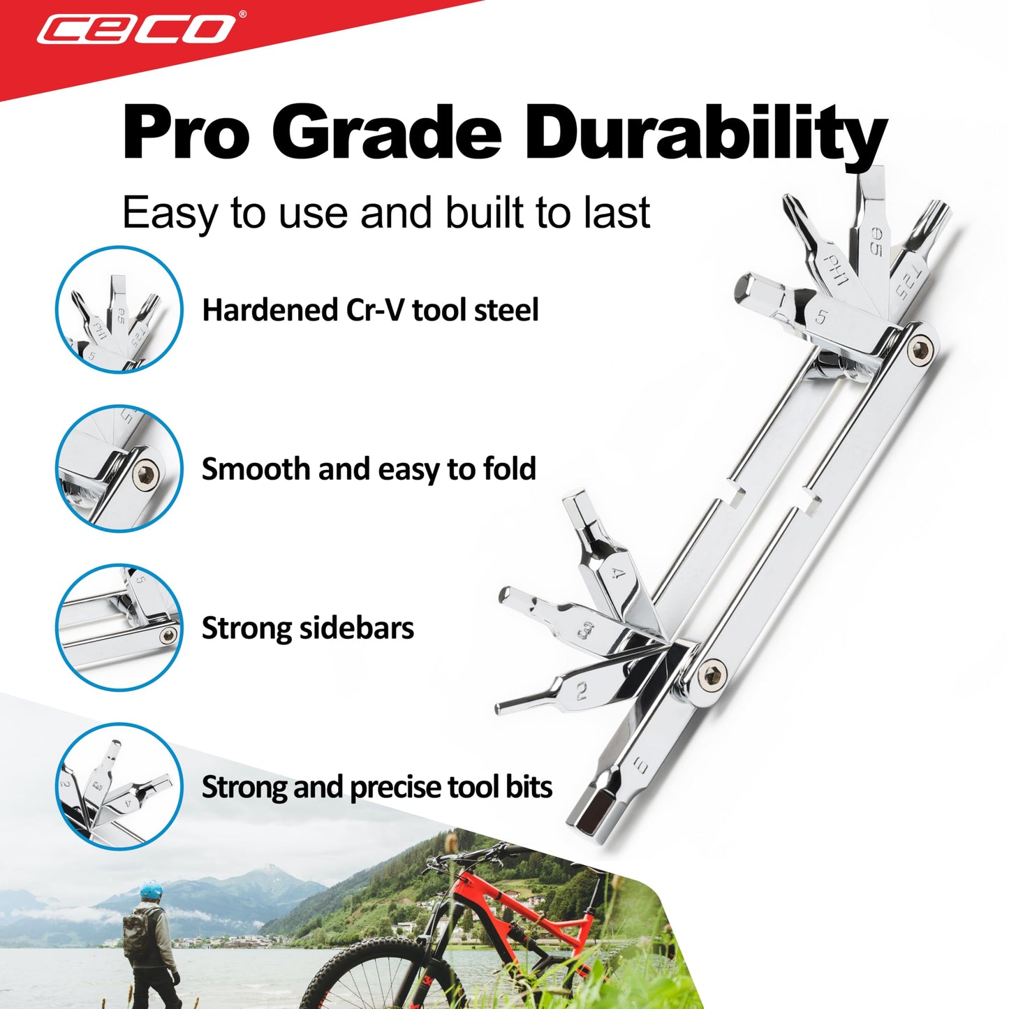 CECO USA 10 Function Bicycle Multi Tool, Ultra Slim Sized, Lightweight, Polished Chrome Finish, High Strength CR-V 6150 Tool Steel, Mountain Bike, Road Bike