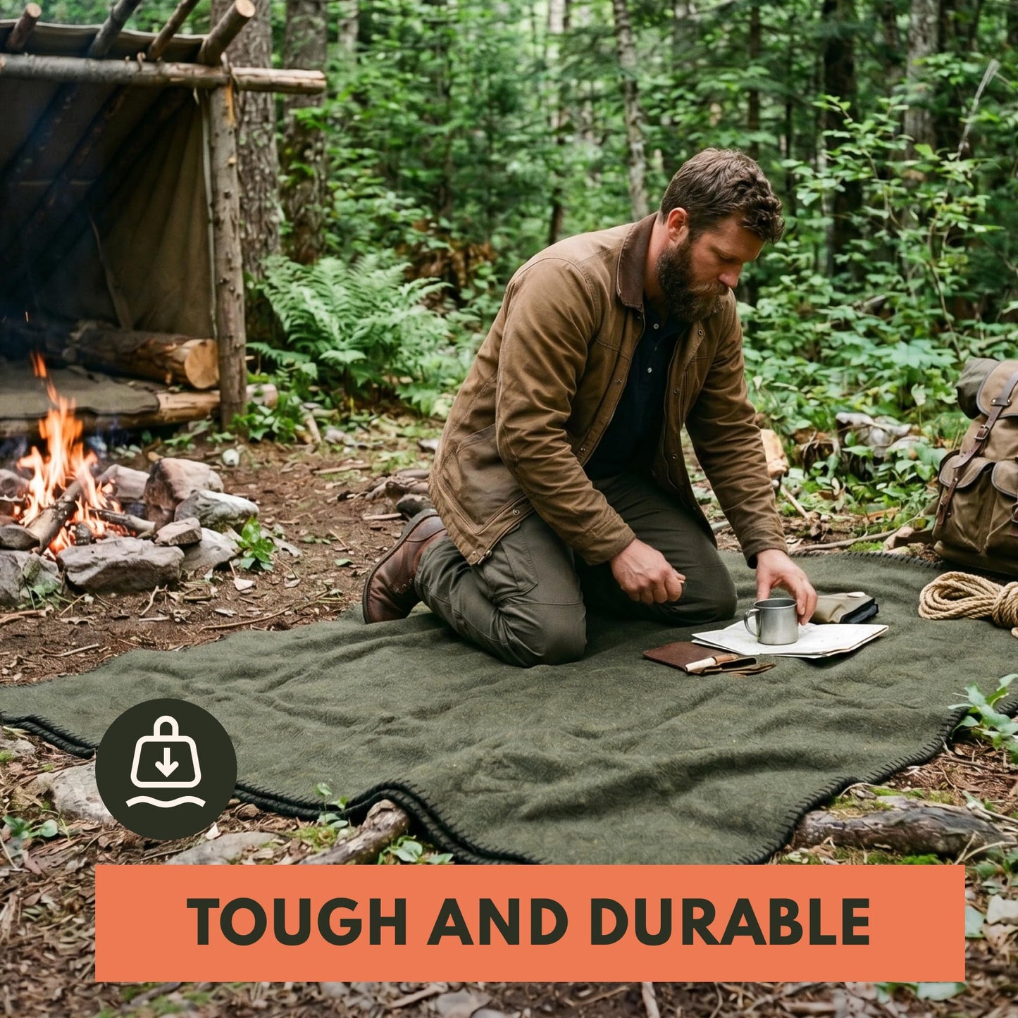 Woolly Mammoth Woolen Co. | Extra Large Merino Wool Camp Blanket | Perfect Outdoor Gear | Bedroll for Bushcraft, Camping, Trekking, Hiking, Survival, or Throw Blanket at the Cabin (Gray), 66" x 90"