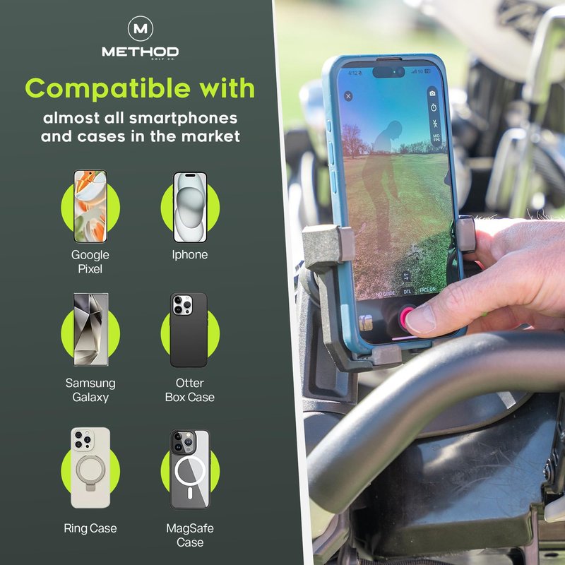 Method Golf PushStack Pro Pack- Magnetic Phone Holder for Golf Push Cart Plus Rangefinder Magnetic Strap, MagStack Microfiber Towel and Club Brush with MagStack Tile- Universal Fit for Most Phones