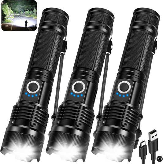 High Lumens 3-Pack Rechargeable LED Flashlights - 99000LM, 5 Modes, Waterproof for Camping & Home Use