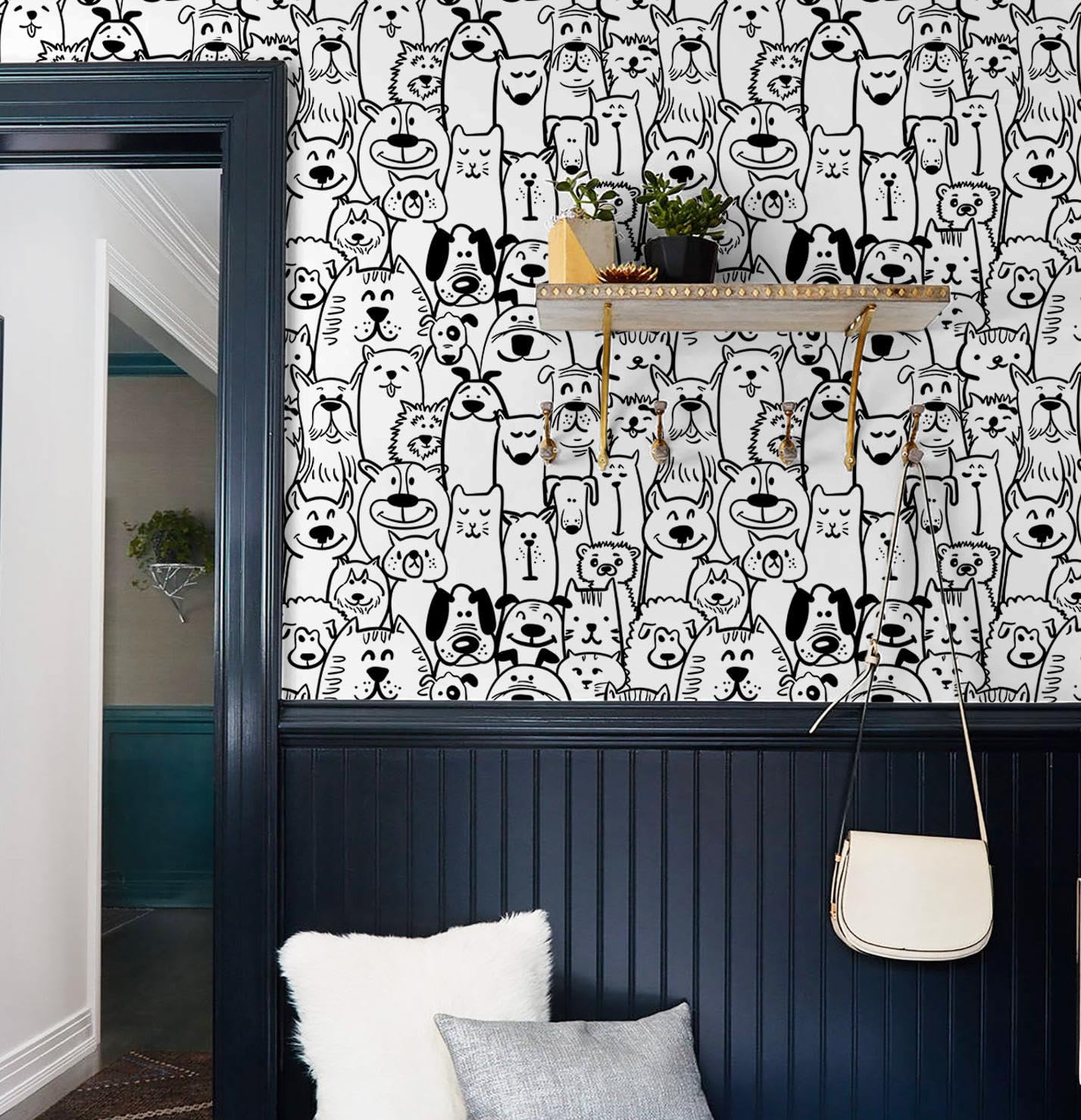 Fiula Peel and Stick Wallpaper Contact Paper Black and White Wallpaper Modern Dog Animal Wall Paper Textured Self Adhesive Removable Wallpaper for Nursery Kids Room Shelf Liner Vinyl Roll 78.7"x17.3"