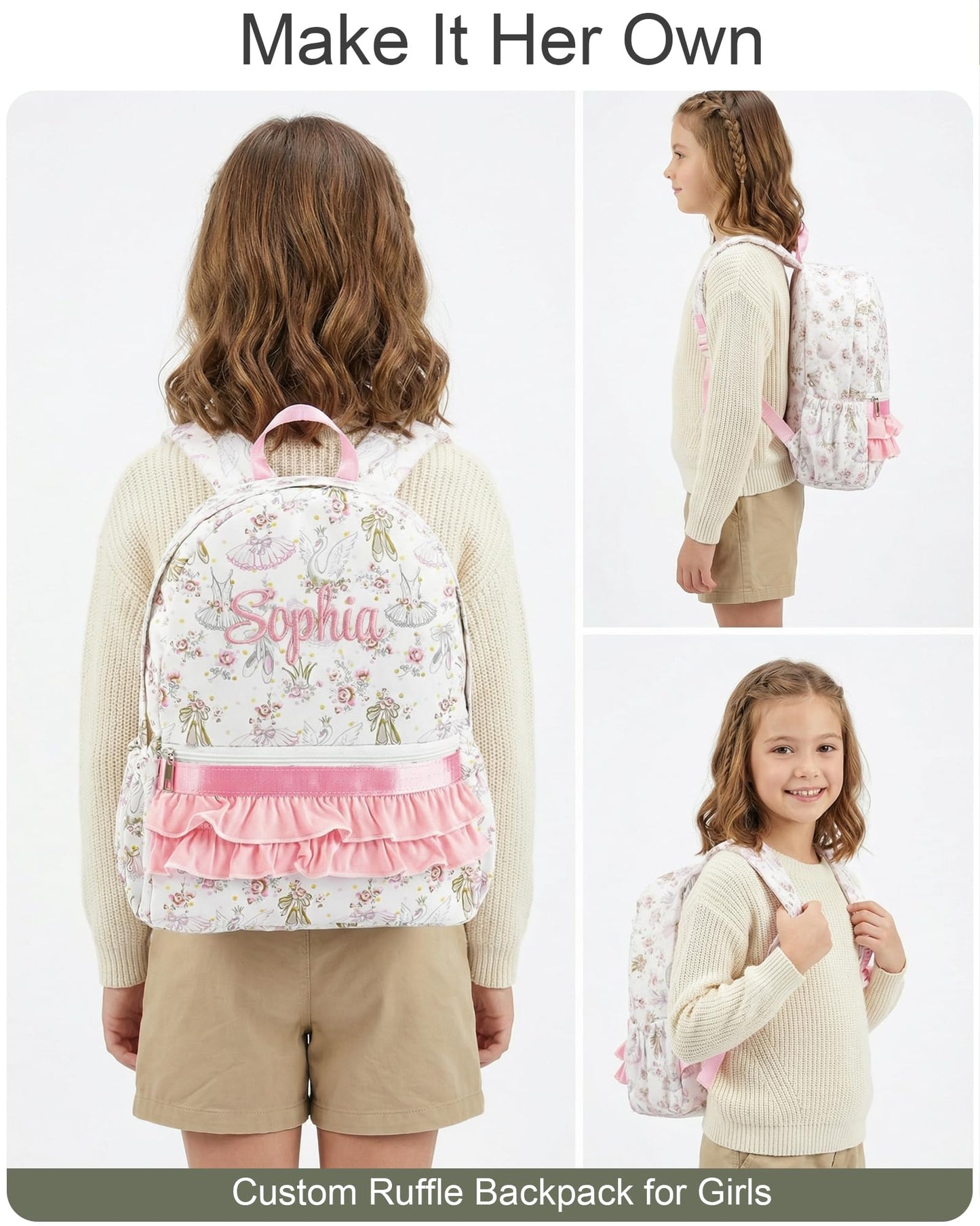 Personalized Backpack Custom Girls Preschool ruffle Bag,Ballet White