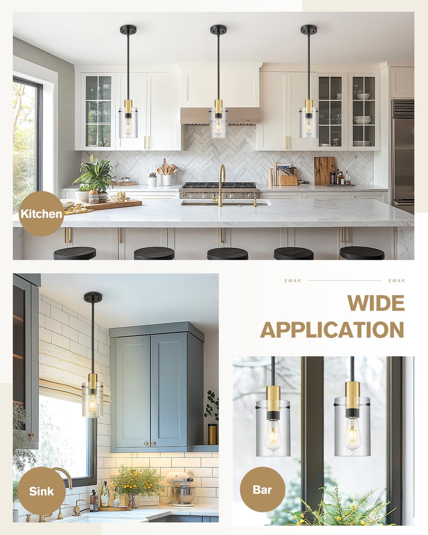 Emak 2 Pack Black and Gold Pendant Light,Modern 5 Inch Pendant Lights Kitchen Island with Clear Glass Shade, Farmhouse Kitchen Island Lighting for Dining Room, Bathroom, PL127-BKBGD-CG-2PK