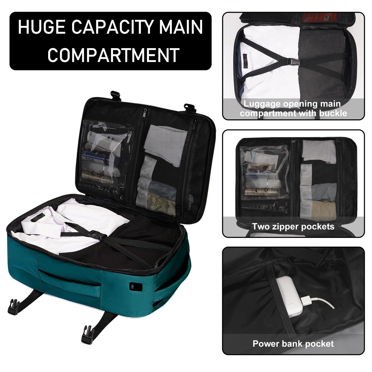 ECOHUB Travel Backpack 18x14x8 Spirit Airlines Personal Item Bag Carry On Backpack 13 Pockets Large Work Casual Daypack for men Airline Approved Waterproof Gym Backpack with Charging Port, Blue Green