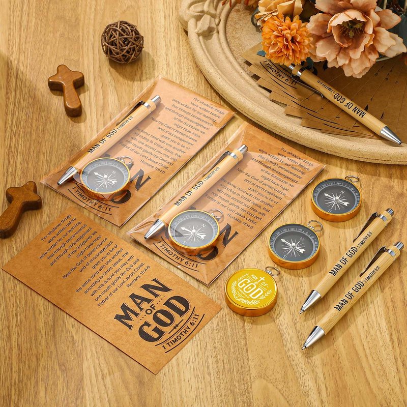 Sayglossy 20 Sets Man of God Gift Bulk, Christian Gifts for First Communion, Baptism, Religious Compass, Ballpoint Pens, Bible Verse Card with Opp Bag for Fathers Day, Pastor Men, Church