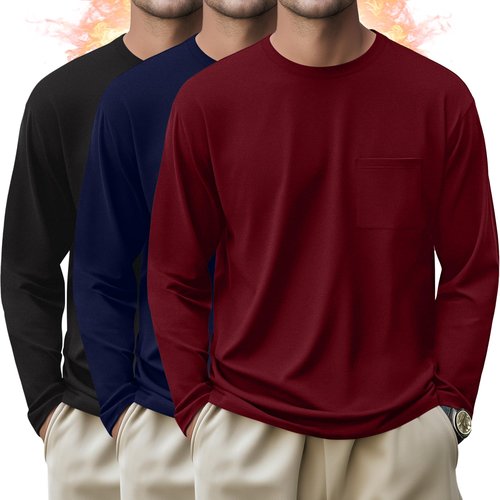 Evervibe 3 Pack Men's Big and Tall Long Sleeve Shirts Thermal Pocket T-Shirt Crew Neck Fleece Top Slim Fit Casual Tee(Black, Navy Blue, Burgundy,3X-Large)