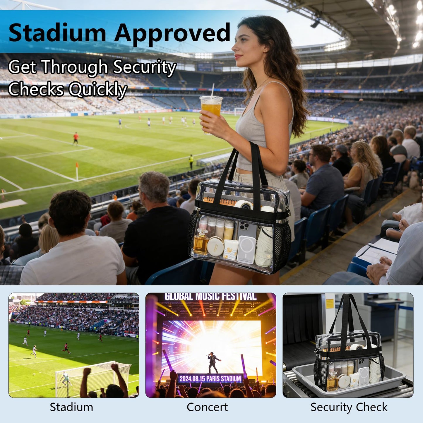 LERASO Clear PVC Transparent Tote Bag, Heavy Duty Waterproof Clear Crossbody Bag Stadium Approved with Adjustable Removable Strap for Concerts, Sports, Work, Beach & Daily Use,Black
