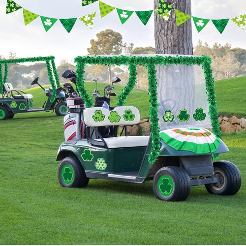 HunnmingRe 15 Pcs St. Patrick's Day Parade Golf Cart Decoration Kit Irish Bunting Burlap Flag Green Metallic Tinsel Garland Shamrock Stickers for St. Patrick's Day Golf Cart Festival Decor