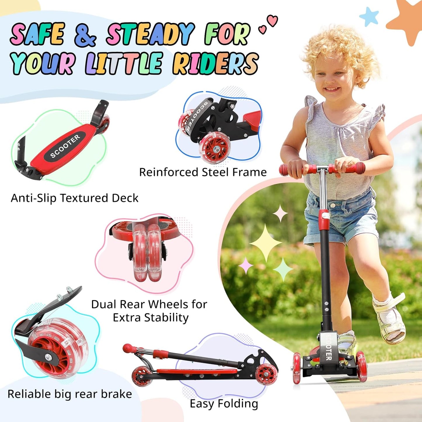 Skiennix Kick Scooter for Kids | Light-Up 3-Wheel Design with Adjustable Height & Stable Ride for Ages 3-7