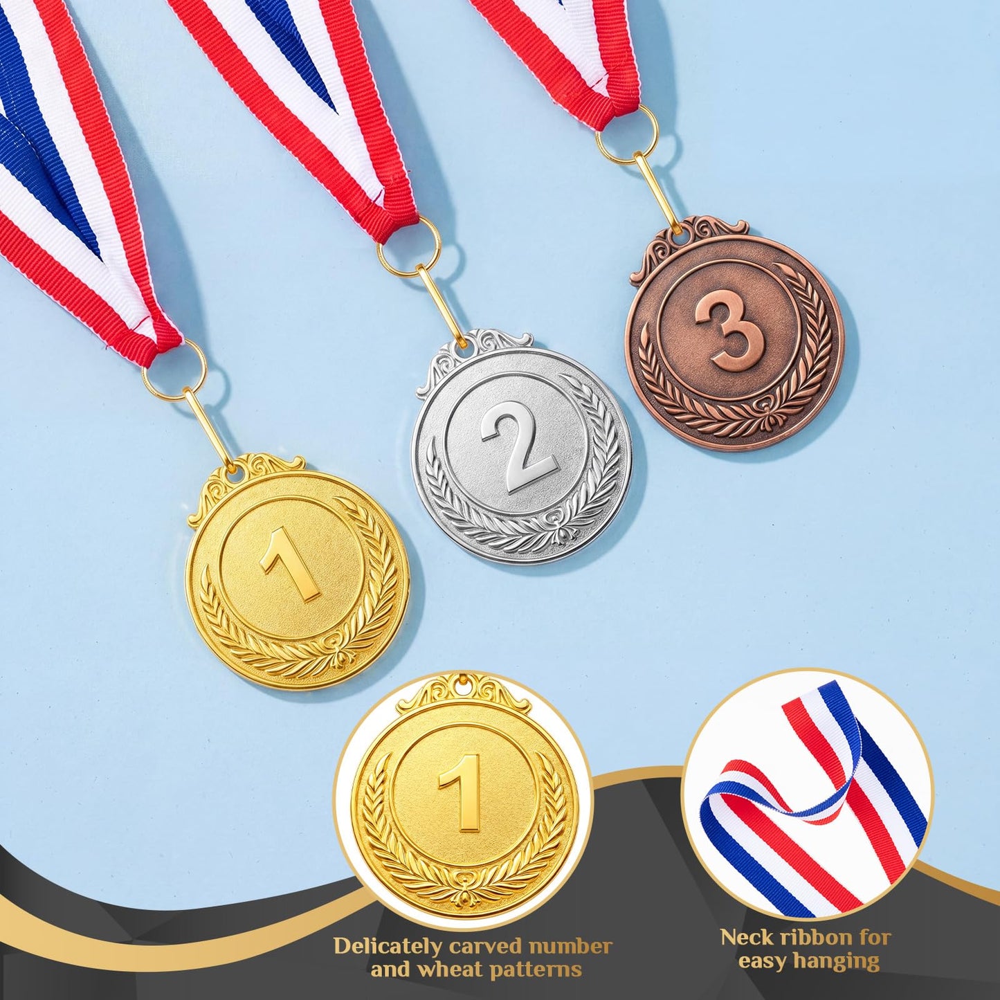 Kigeli 90 Pcs Gold Silver Bronze Award Medals, Winner Award Medals with Neck Ribbon, 1st 2nd 3rd Prizes for Kids, Adults, Competitions, Sports, Spelling Bees, 2 Inches