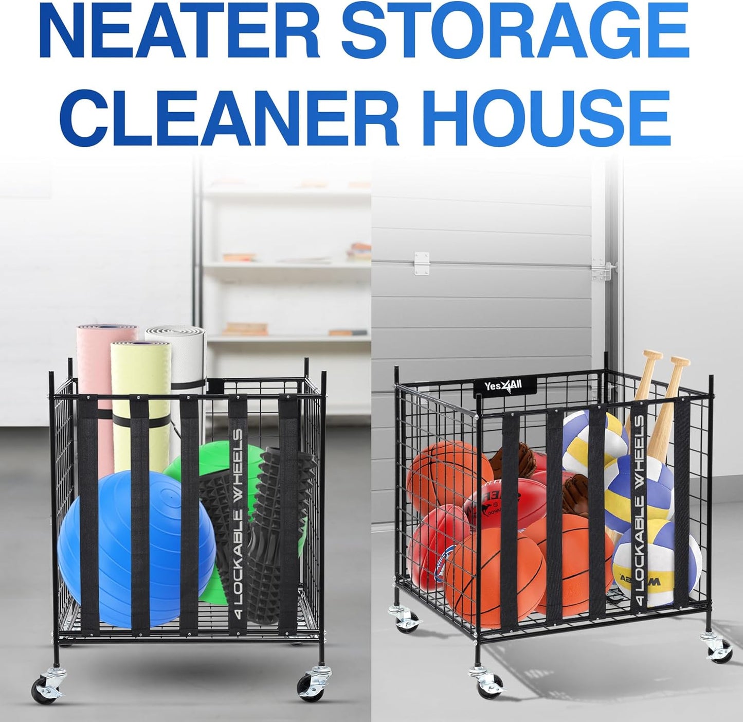 YES4ALL Rolling Ball Cart - Lockable Wheels Sports Equipment Organizer | Ideal for Volleyball & Basketball Storage
