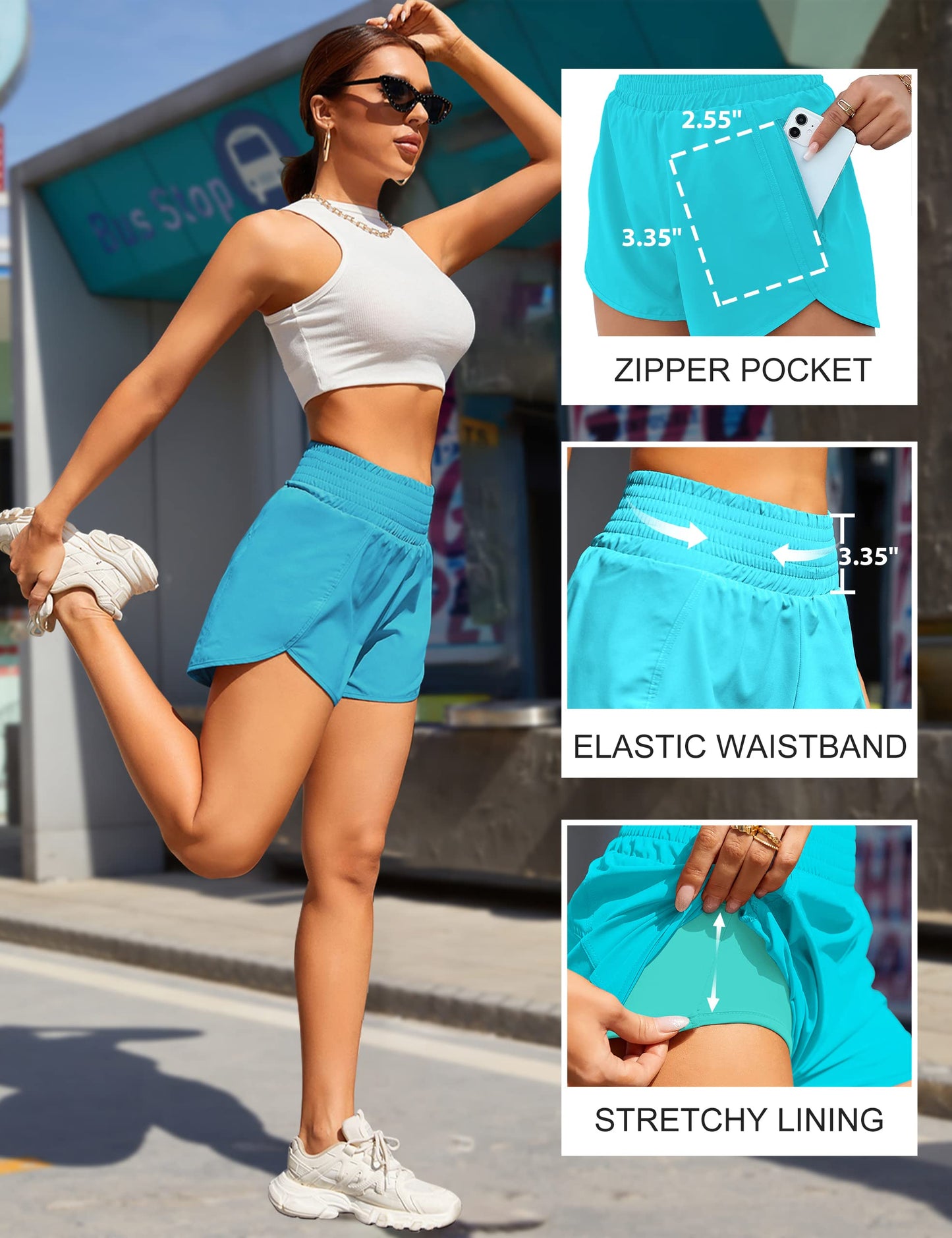 BMJL Women's Athletic Shorts High Waisted Running Short Pocket 2.5" Sporty Shorts Gym Elastic Workout Shorts(M,Lake Blue)