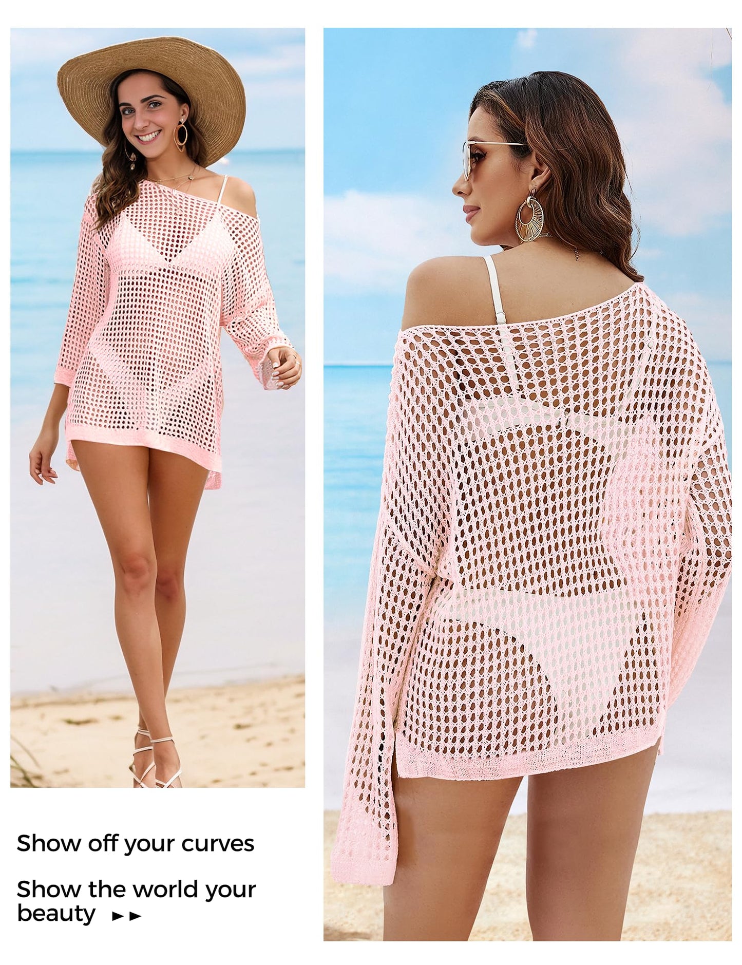 Buauty Swimsuit Cover Up for Women, Crochet Boat Neck Off Shoulder Beach Bikini Cover Up Dress, Summer Vacation, S-XL