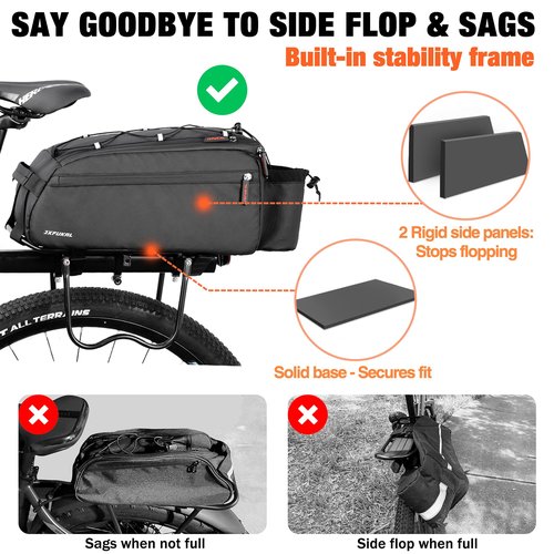 JXFUKAL Bike Bags for Bicycle Rear rack, 13L Supportive Bike Rack Bag Built-in Rigid side & Base Panel, Waterproof Reflective Ebike Trunk Pannier Saddle Seat Bag Carrier for Commuter Travel Outdoor