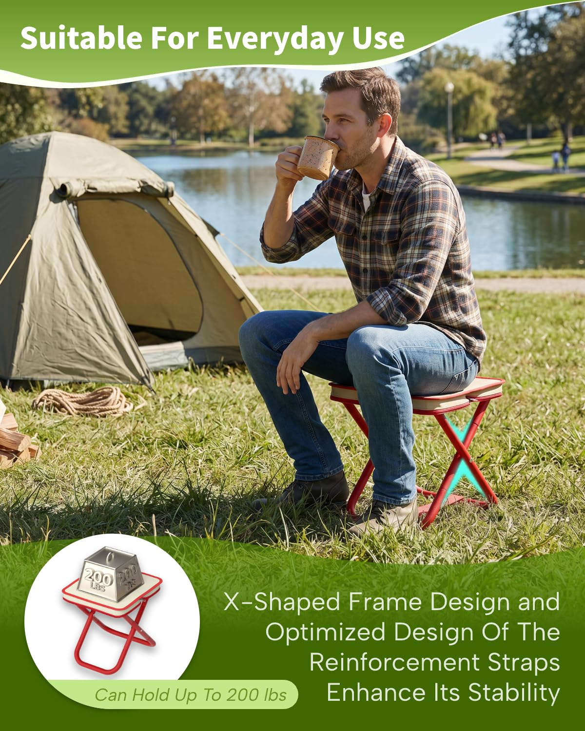 Anmiro Portable Folding Camping Stool, 12.6 Inch Lightweight Mountaineering Hiking Stool, Outdoor Beach Fishing Garden Foldable Stool with Carry Bag, Supports Up to 200LB