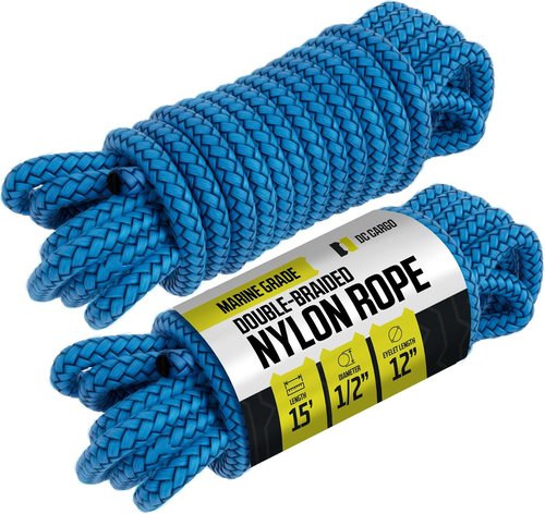 DC Cargo Mall Boat Dock Lines - 1/2" x 15' Double Braided Ropes with 12" Eyelet | Marine Grade Nylon, Damage Resistant