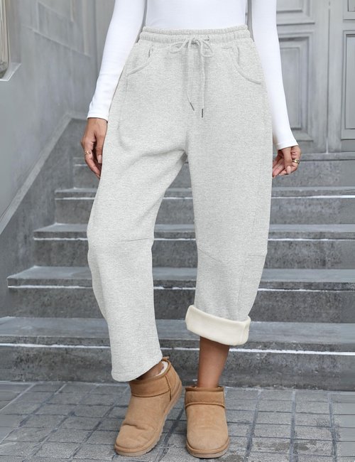 Hongsui Women's Baggy Sweatpants Fall Winter Barrel Leg Pants Casual Drawstring Palazzo Pants with Pockets (AshGrey-M)
