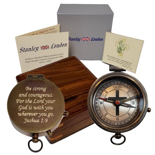 Baptism Confirmation Compass Engraved with Joshua 1:9 Bible Verse in Wooden Box | Religious Inspirational Gift for Catholic Christian Boys Teens from Parents or Grandparents | Pastor Appreciation Gift