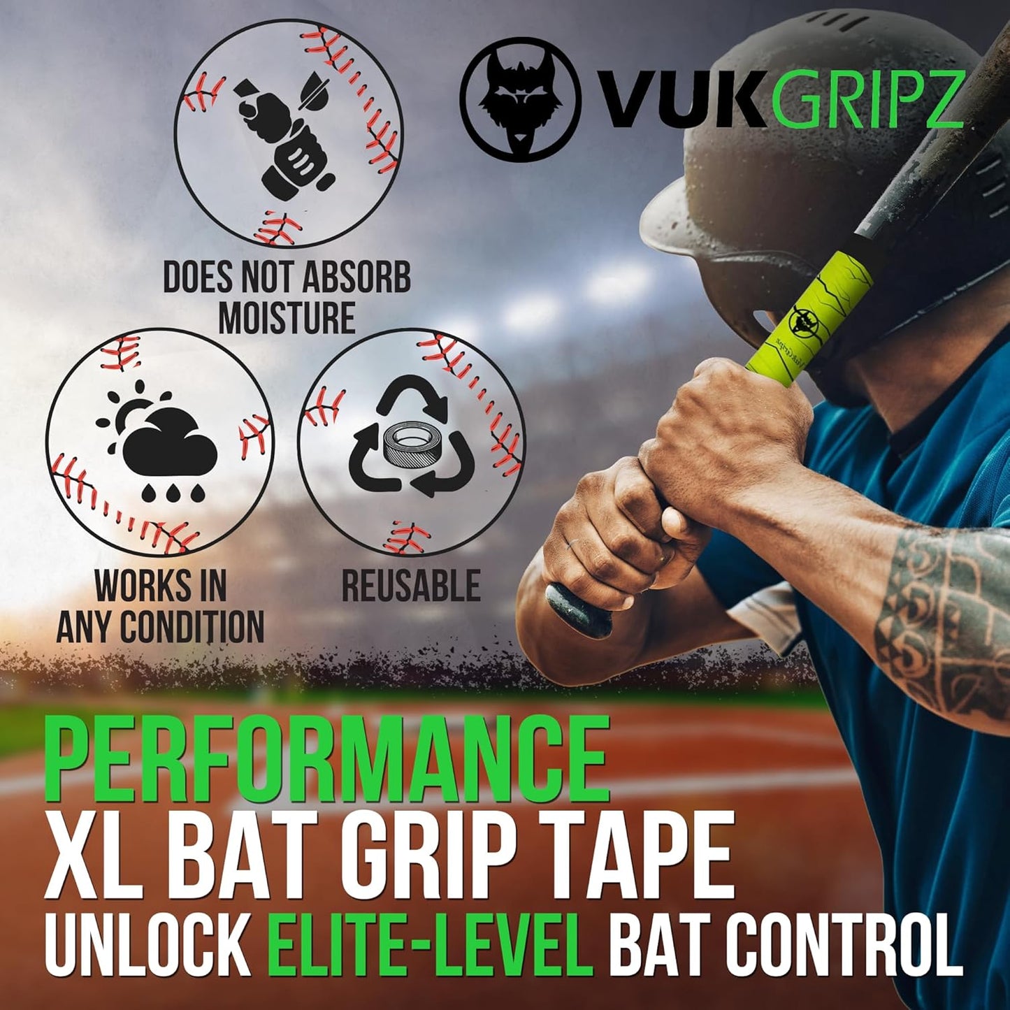 VukGripz Extra Long Bat Grip - Firm, Slip-Resistant Design for Enhanced Performance