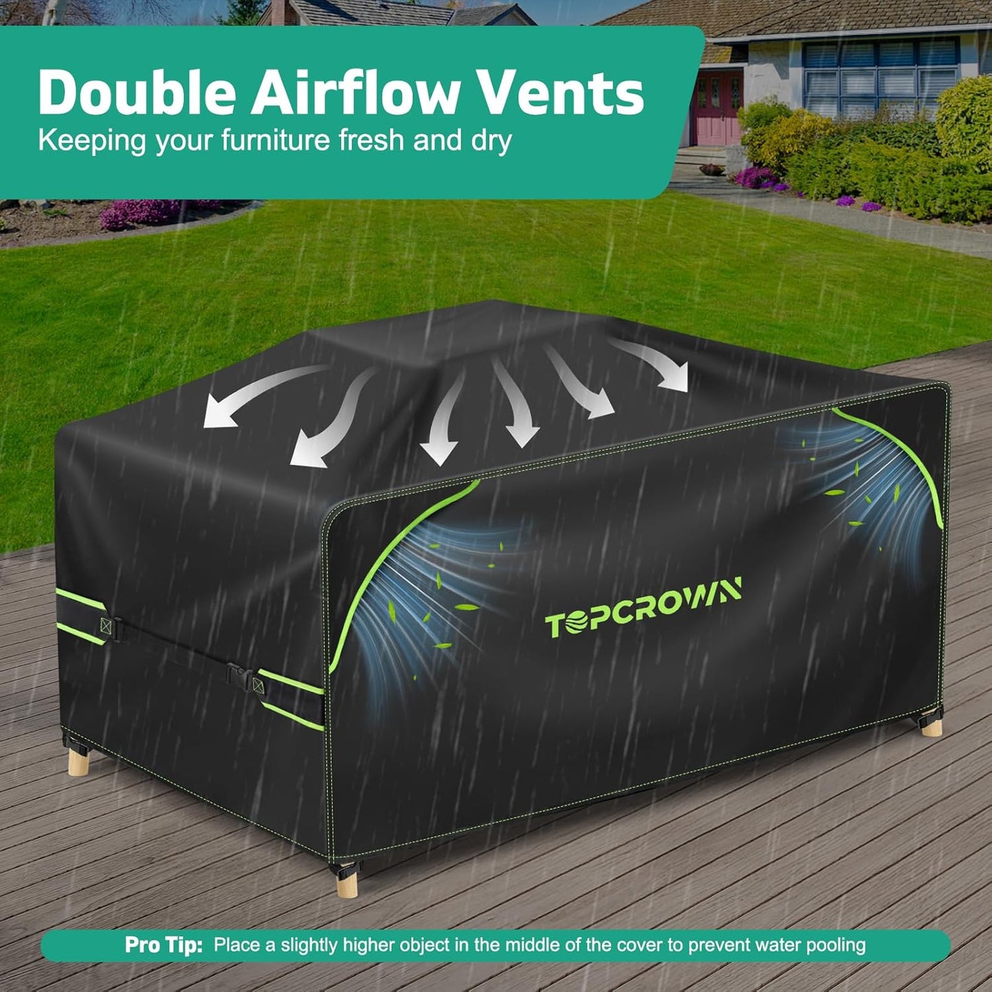 Topcrown Patio Furniture Covers - Waterproof Anti-UV Oxford Fabric | Rectangular 74"L x 47"W x 28"H (Black & Green)