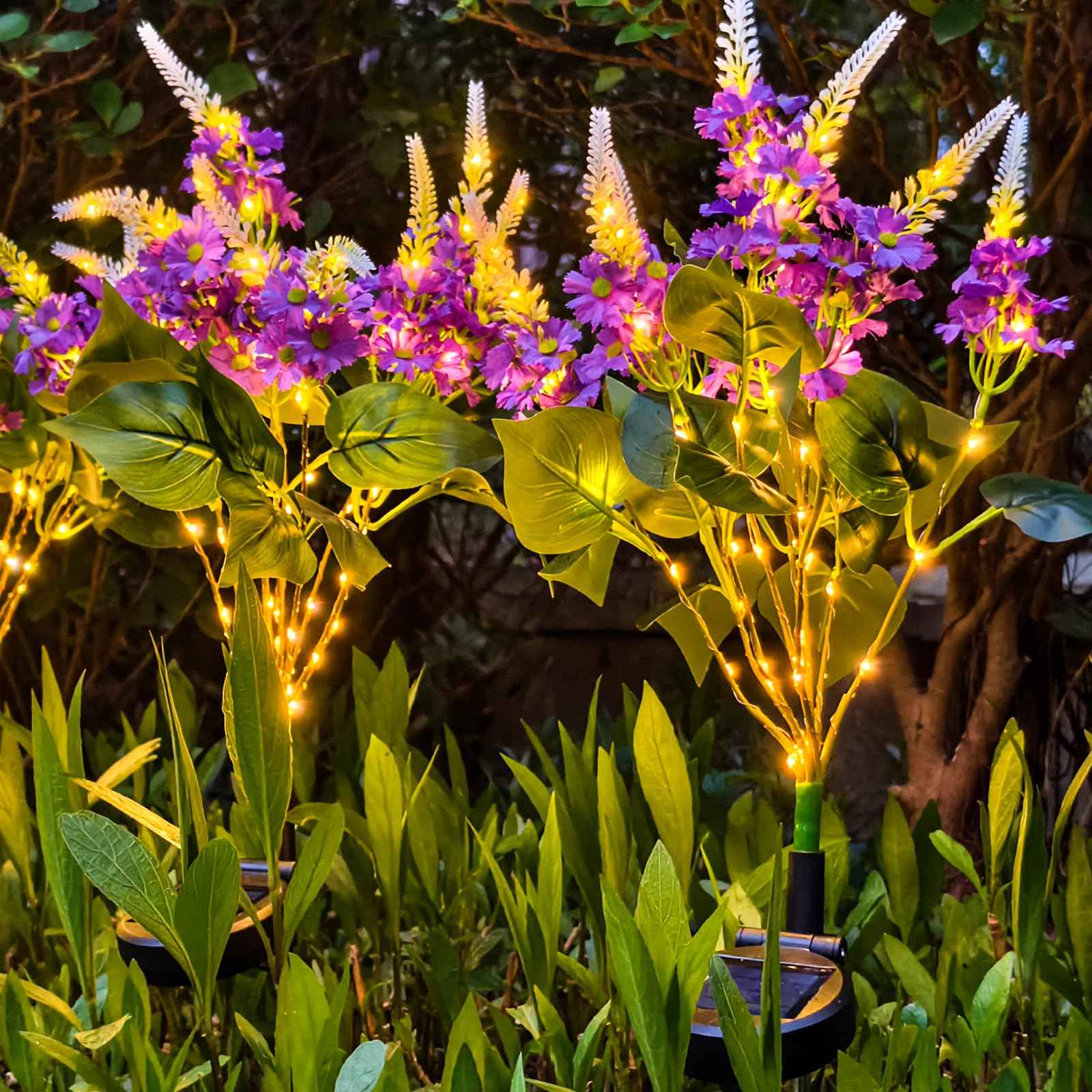 Neporal Solar Flowers Outdoor Waterproof Purple, Lilac Garden Solar Lights Decorative 4PK 8-Stem, 2 Lighting Modes, Solar Powered Garden Decor, Solar Yard Decor