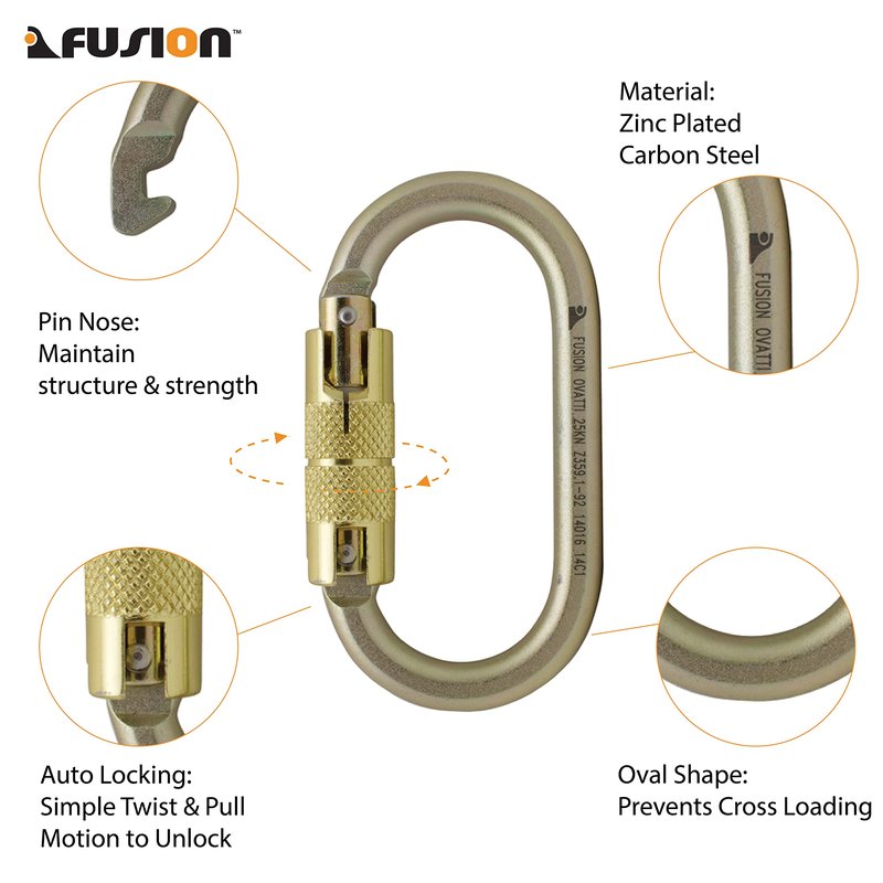 Fusion Climb Ovatti Military Tactical Edition Steel Auto Lock Oval Symmetrical Anchor Carabiner Gold, One Size (FP-9108-P-GLD)