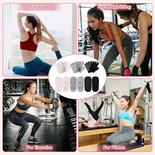 Shihanee 6 Pairs Non Slip Pilates Yoga Gloves Socks with Grip for Women Silicone Dot Grip Fingerless Gloves Socks Pilates Accessories for Ballet Barre Dance Fitness Winter Gifts