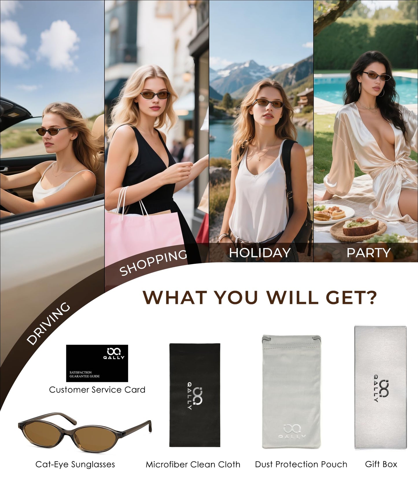 QALLY Retro Oval Womens Sunglasses Cat Eye Sunglasses for Women: Chic 90s Sunnies Lightweight Trendy UV protection Sun Glasses