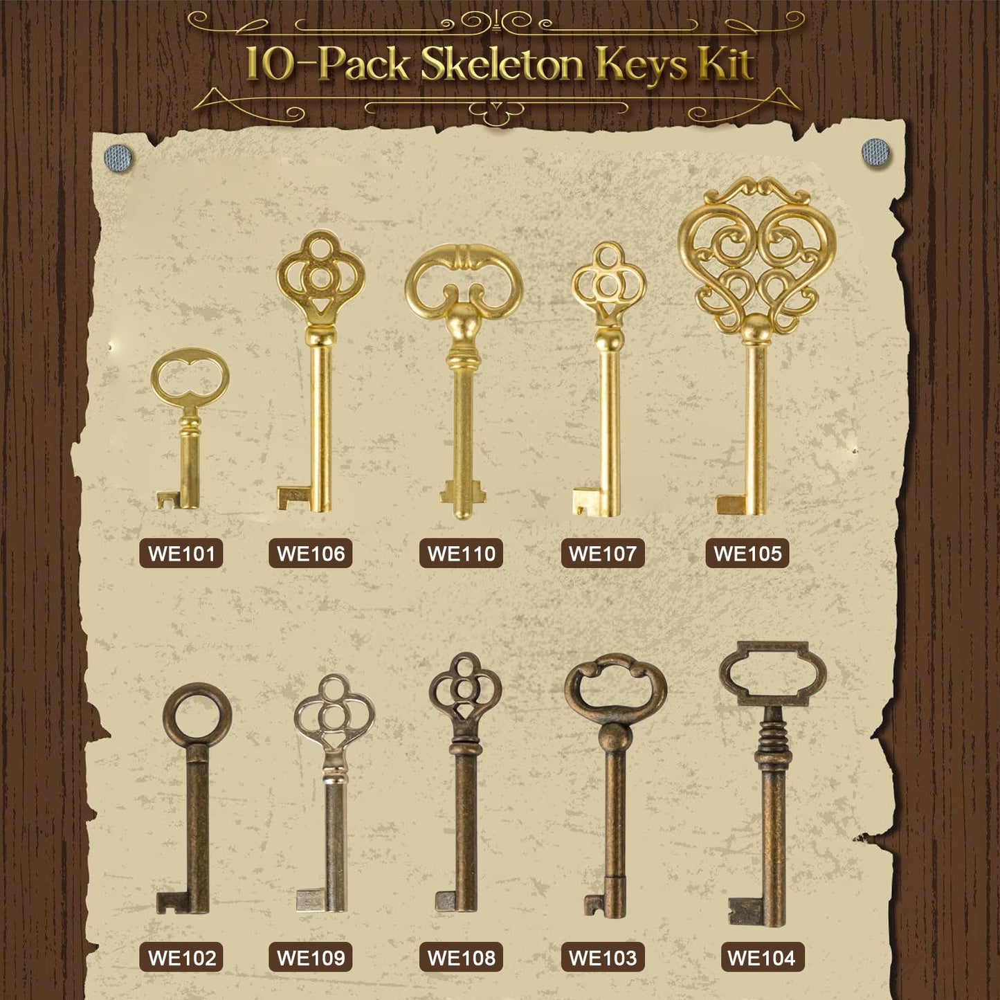 10PCS Skeleton Key Set Reproduction for Antique Furniture, Universal Barrel Key Replacement, Antique Brass Skeleton Keys for Dresser Drawers, Vintage Clocks,Cupboards, Desk Drawer Lock