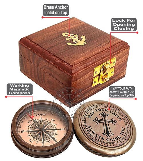 Trust in The Lord with All Your Heart - Proverbs 3: 5-6 Quote Engraved Compass with Wooden Box, Greeting Card, Gift Compass, Religious Gifts, Graduation Day Gifts 2025 for Women Men Boys Girls