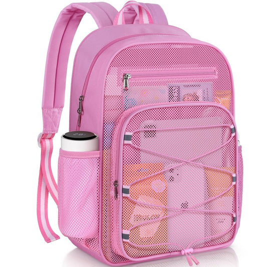 XOAOKO Mesh Backpack Heavy Duty See Through bookbag for College, Transparent Backpack for Beach, Swimming, Sports, Travel-Pink