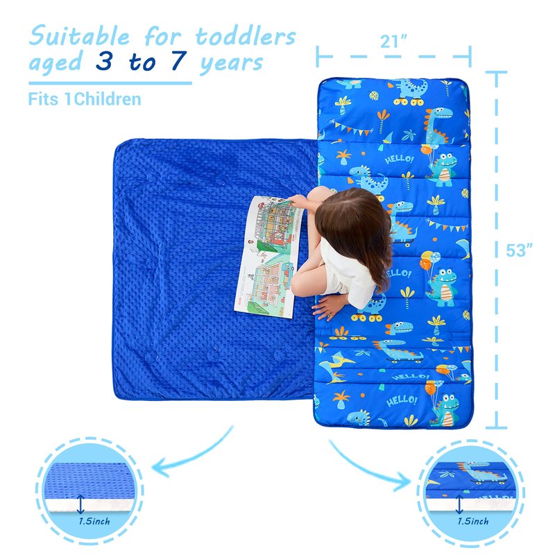 Toddler Nap Mat with Pillow and Blanket, Extra Large Rolled Napping Mats,Slumber Bags for Boys Girls,Kids Sleeping Bag for Daycare, 21" x 50" Preschool Travel Camping - Blue Dinosaurs