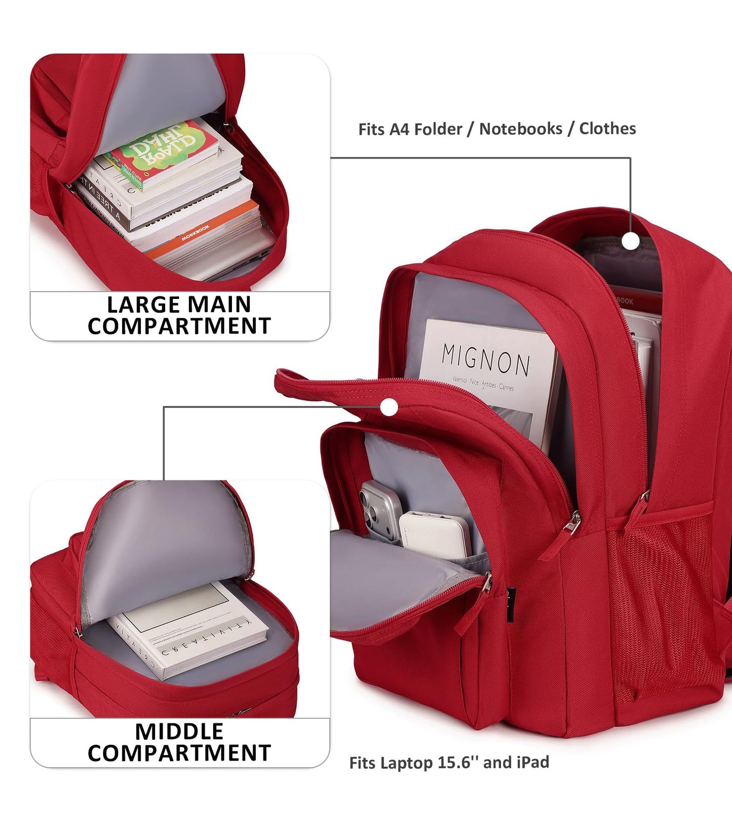 abshoo Girls Solid Color Backpack For College Women Water Resistant School Bag (Red)