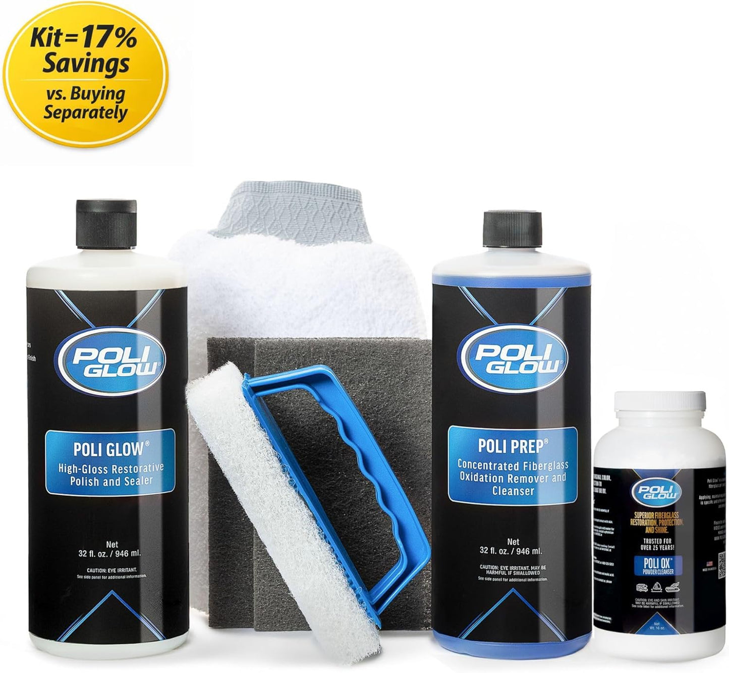 Poli Glow Deluxe Boat & RV Restoration Kit - Removes Oxidation & Seals - Restores High-Gloss Shine to Fiberglass & Gelcoat - Easy 6-in-1 System