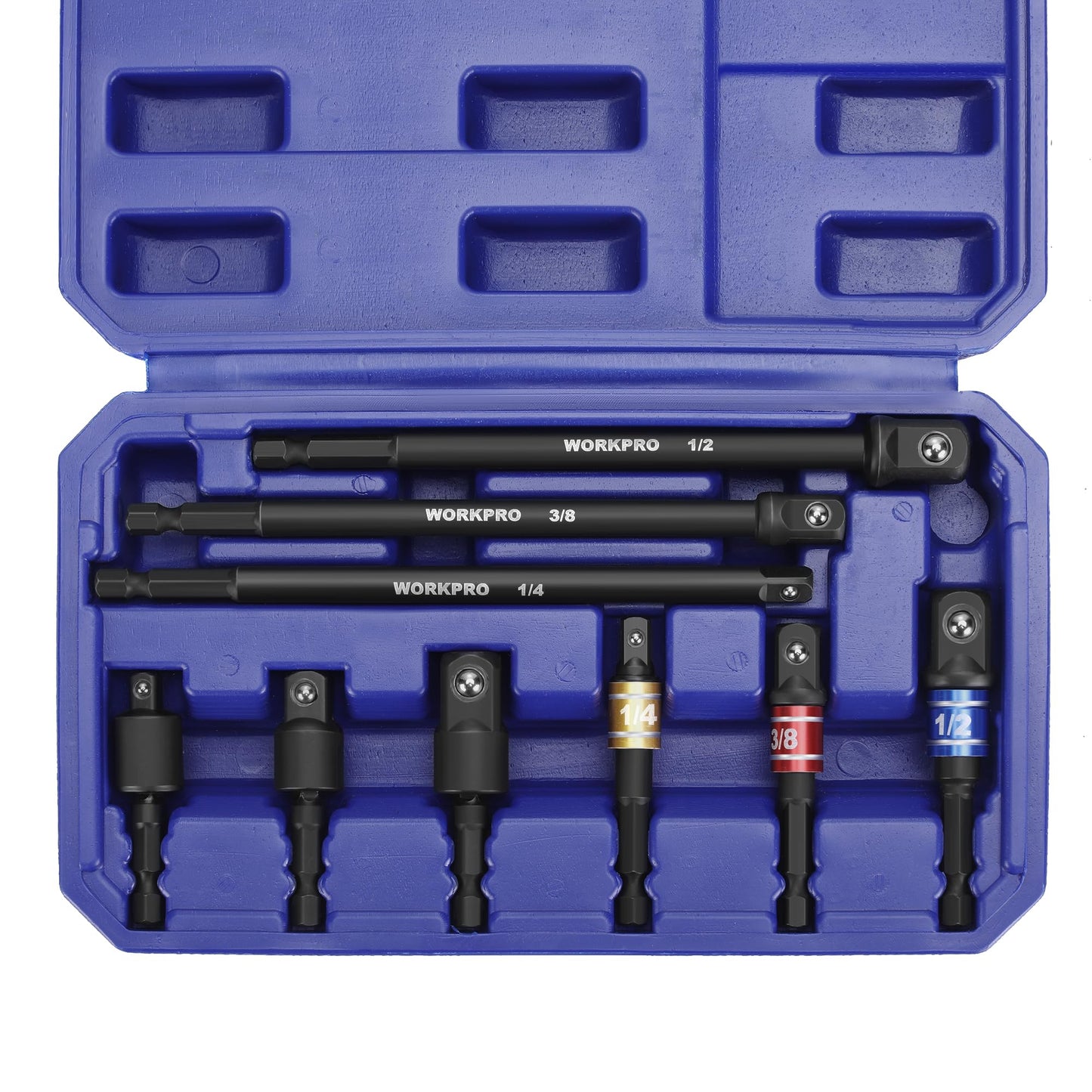 WORKPRO Impact Grade Socket Adapter Set (Basic/Swivel/Long), 1/4", 3/8", & 1/2" Drive, Extension Driver Bit With Case, for Power Drill to High Torque Impact Wrench, 9PCS