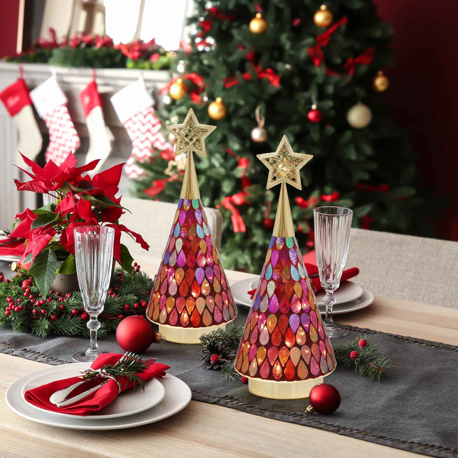 Small Red Glass Christmas Trees, 3 PCS Handmade Mosaic Glass Table top Christmas Trees with Light, Battery Operated Xmas Tree for Bedroom Decor 11"