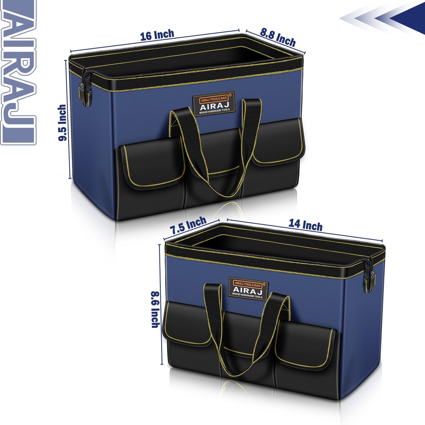 Tool Bag 2-Pack Set | AIRAJ 14" & 16" Portable Tool Bag | Wide Mouth Tool Bags for Men and Women | Small Tool Tote | Tool Organizer for Home Repairs,Garage Storage,Professional Work | Tool Box