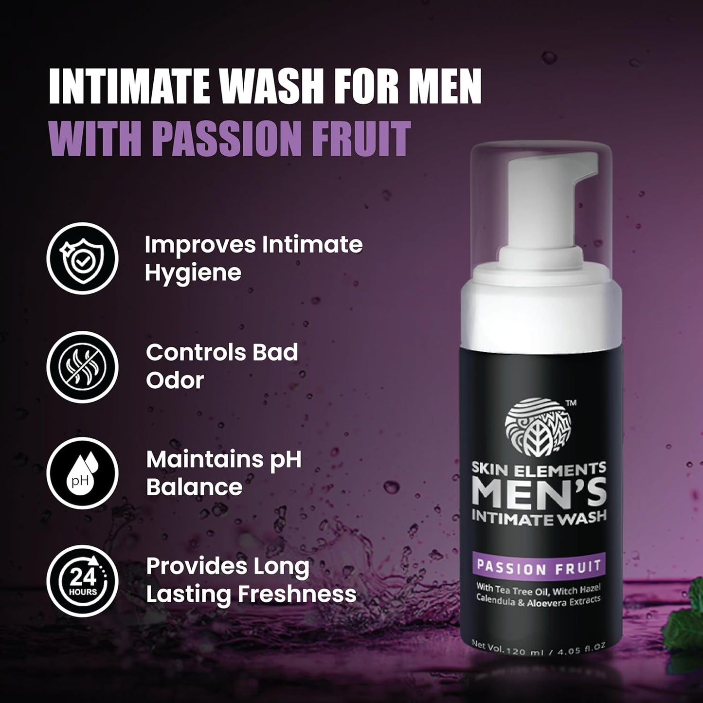 Skin Elements Intimate Wash for Men - pH Balanced Foaming Formula with Passion Fruit (4.05 Fl Oz) | Prevents Itching & Odor