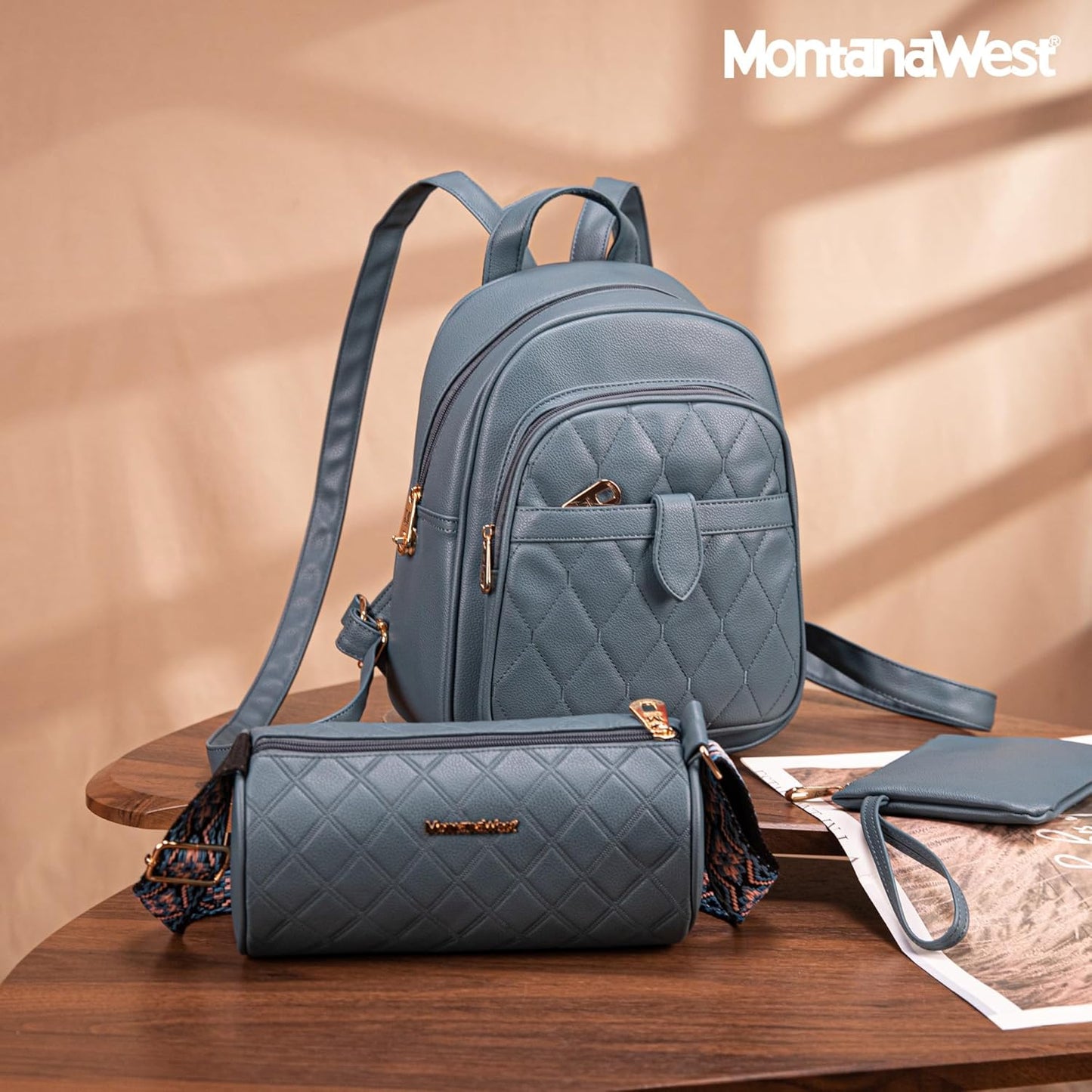 Montana West Anti-Theft Backpack Purse Set - 3Pcs Small Quilted Design for Women