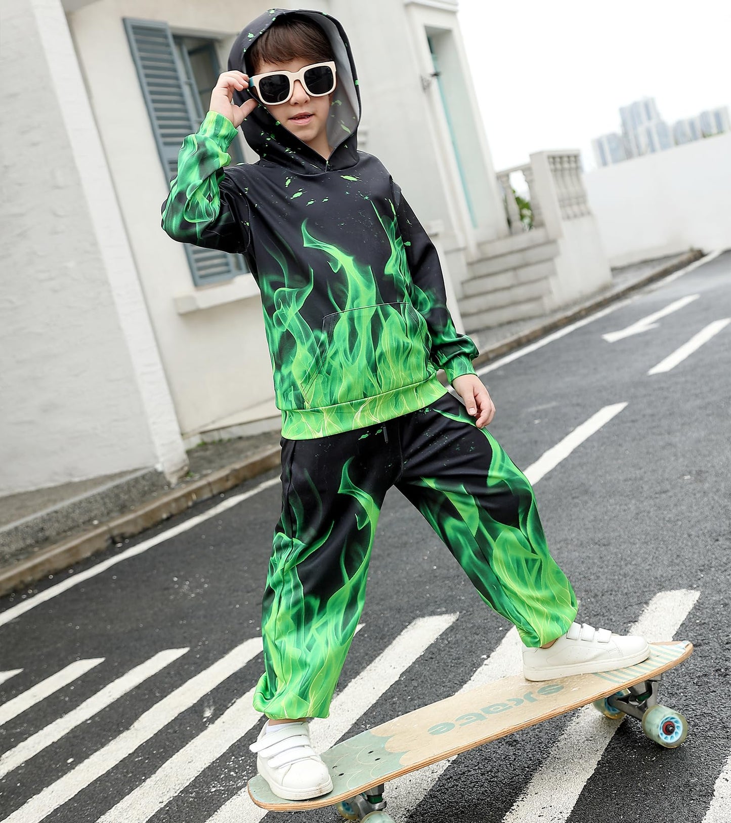 Belovecol Boys Hoodie Pant Set Colorful Pullover Hoodies and Sweatpants 3D Print Hooded Sweatshirt Jogger Suits, Green Cold Smoke, 9-10 Years