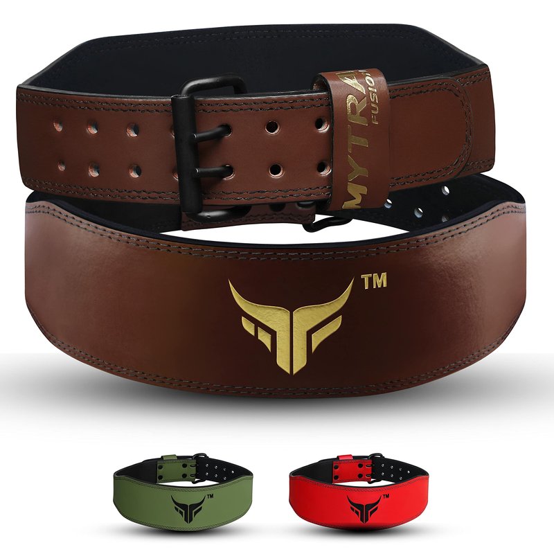 Mytra Fusion Weight Lifting Belt Double Prong Buckle Power Lifting Back Support Belt 100% Leather Gym Belts for Weightlifting Weight Lifting Belts for Men Women, Powerlifting, Strength Training, Squat