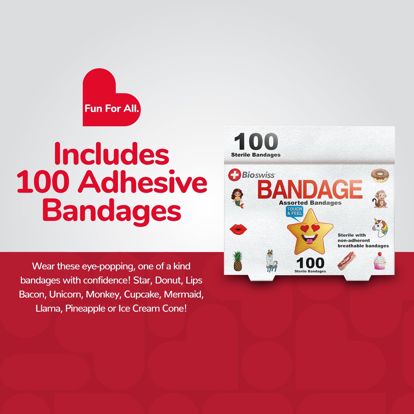 BioSwiss Bandages, Assorted Animal, Fun, and Food Shaped Self Adhesive Bandage Set, Latex Free, Sterile Wound Care, 100 Count
