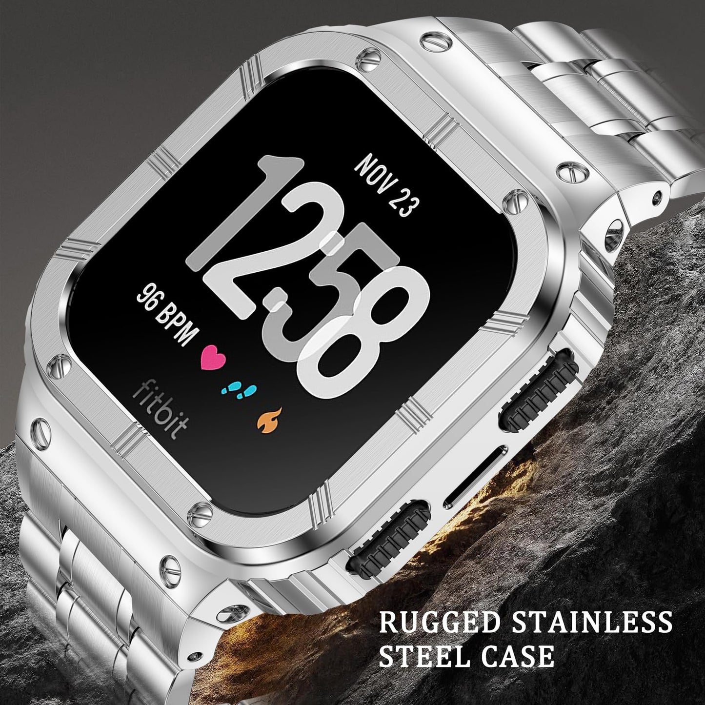 BAITEYOU Stainless Steel Watch Band with Case Compatible for Fitbit Versa 4 3 2 1 Lite,Fitbit Sense 2/Sense Bands, Rugged Protective Bumper Metal Wristbands for Men Silver