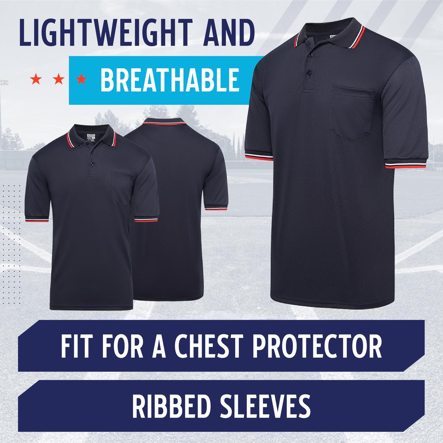 Murray Sporting Goods Short Sleeve Polo Baseball and Softball Umpire Shirt - Sized for Chest Protector (Navy Blue, XX-Large)