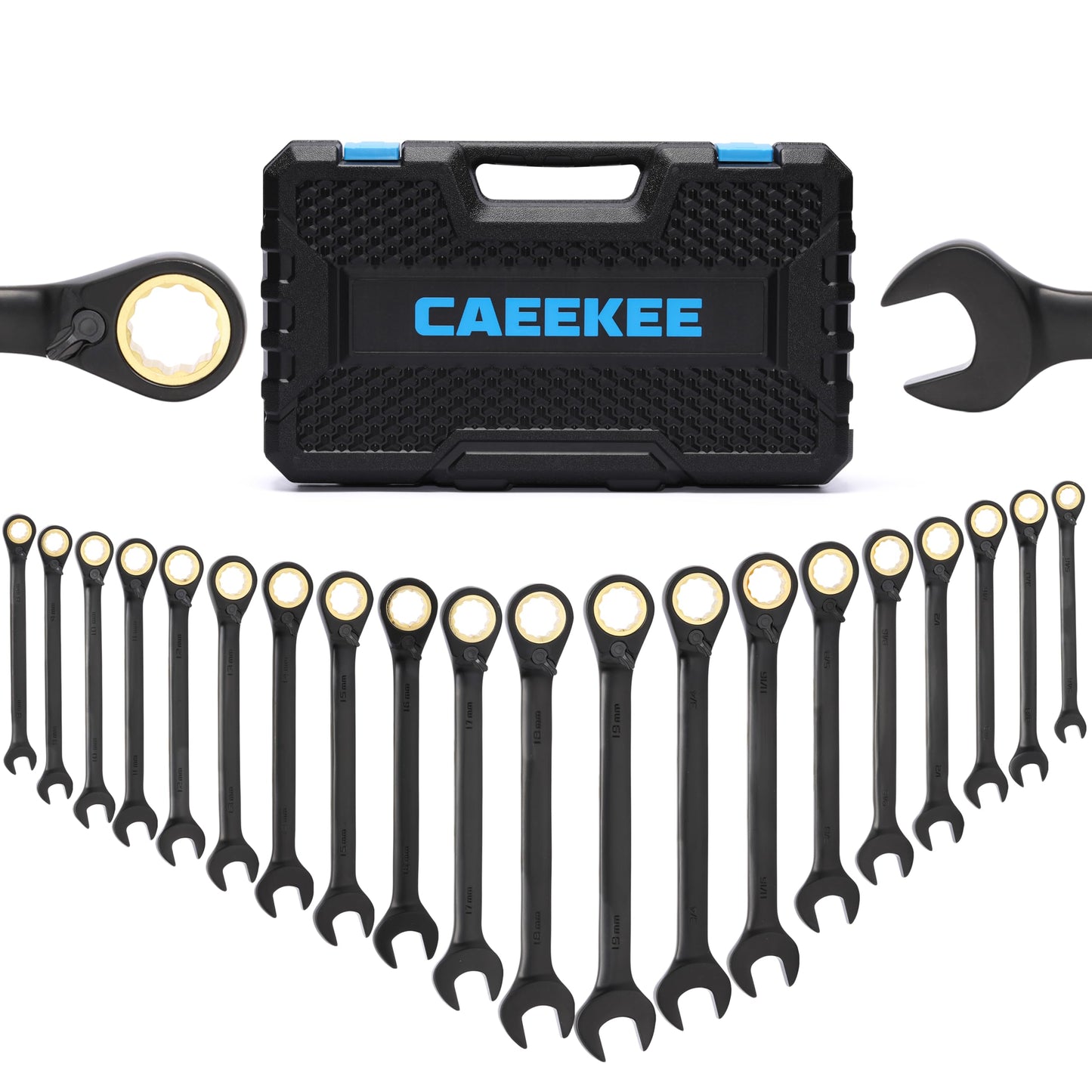 CaeeKee 20PCS 72-Tooth Reversible Ratcheting Combination Wrench Set, Metric & SAE, 8mm - 19mm, 5/16" - 3/4", 12 Point, CR-V Steel, With Organizer Box